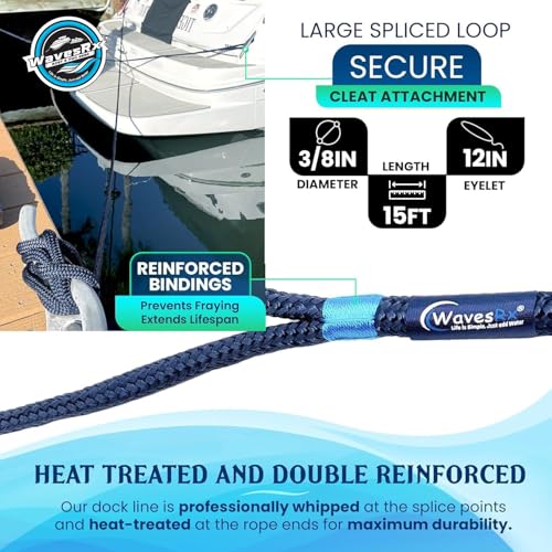 WAVESRX Premium Nylon Boat Dock Lines & Ropes for Docking & Pontoon | Double Braided Marine Rope | Boat Ropes for Docking with Loop | UV & Saltwater Resistant Dock Rope (Deep Sea Blue, 3/8” x 15’) - Image 4