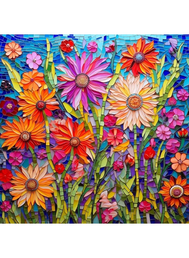 Bgraamiens Puzzle-Mosaic Art Flowers-1000 Pieces Ceramic Tile Mosaic Art Puzzle for Adults, Stained Glass Art Puzzle with Flowers, Impossible Puzzle Color Challenge Flowers Puzzle for Adults