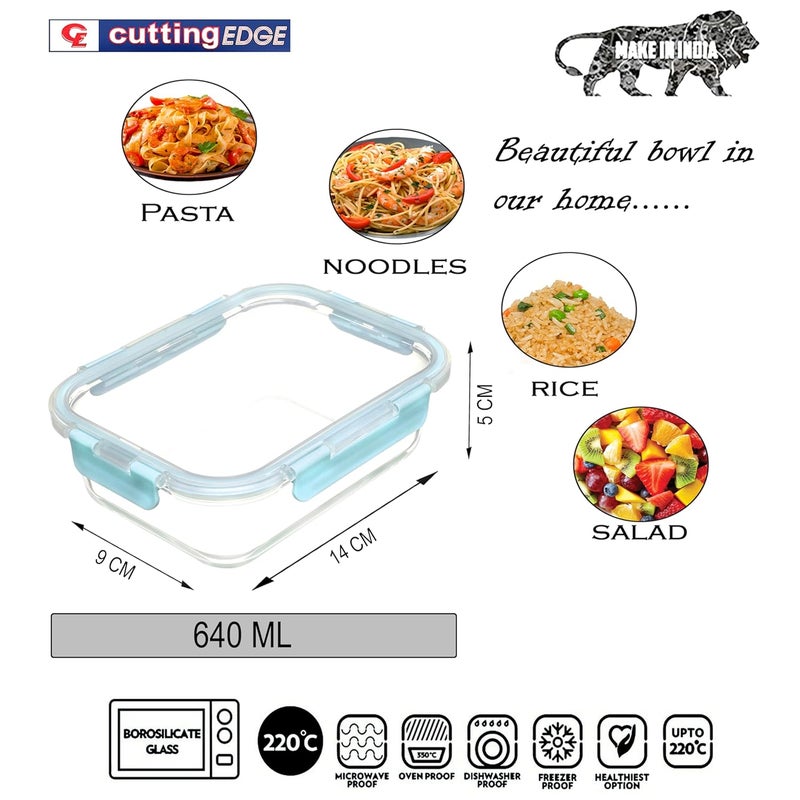 Cutting EDGE 640ML Borosilicate Glass Microwave Safe Rectangle Container Multipurpose Lunch Box with Break Free Detachable Locks Freezer Safe Airtight Leakproof Set of 1 - Image 2
