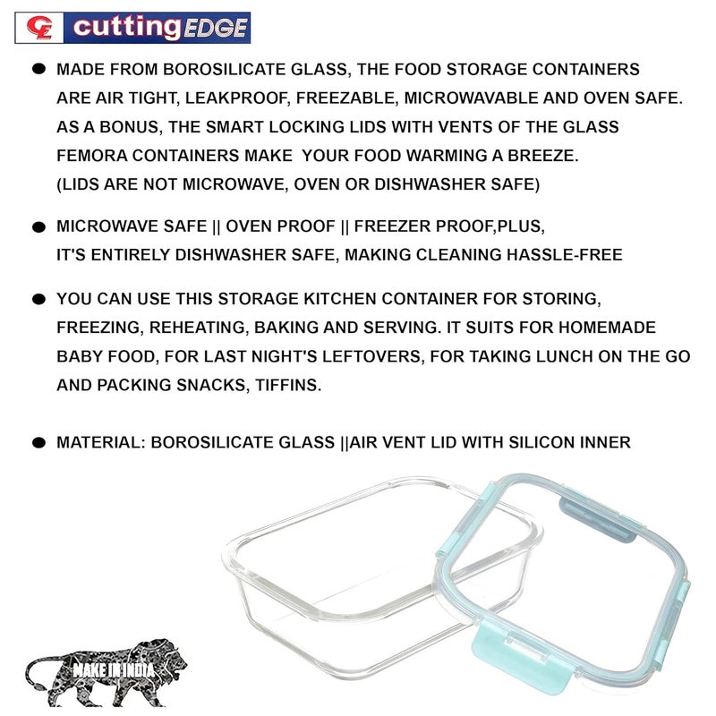 Cutting EDGE 640ML Borosilicate Glass Microwave Safe Rectangle Container Multipurpose Lunch Box with Break Free Detachable Locks Freezer Safe Airtight Leakproof Set of 1 - Image 5