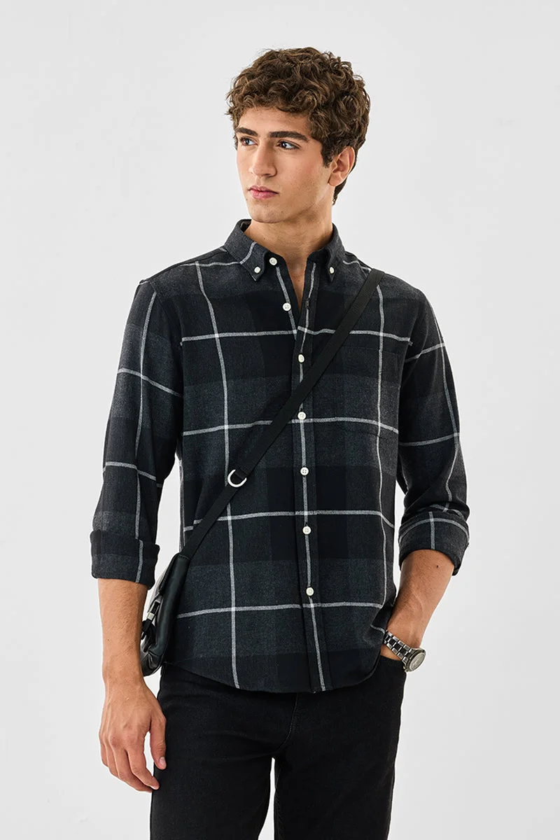 سنيتش Black Checkered Long Sleeve Slim Fit Shirt