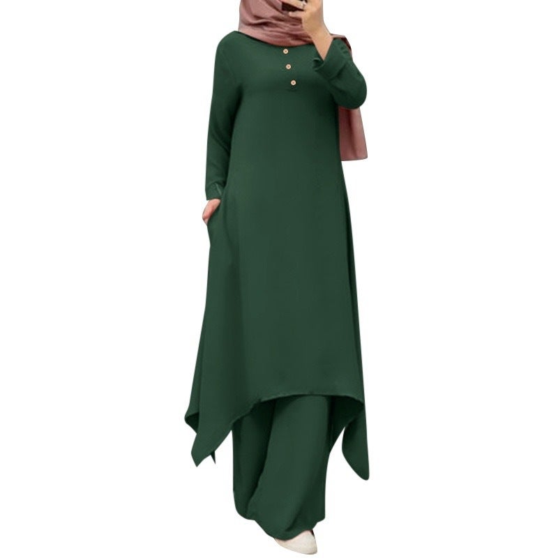 2024 Casual Solid Round Neck Muslim Set earth brown  - Image 2