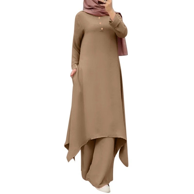 2024 Casual Solid Round Neck Muslim Set earth brown  - Image 1