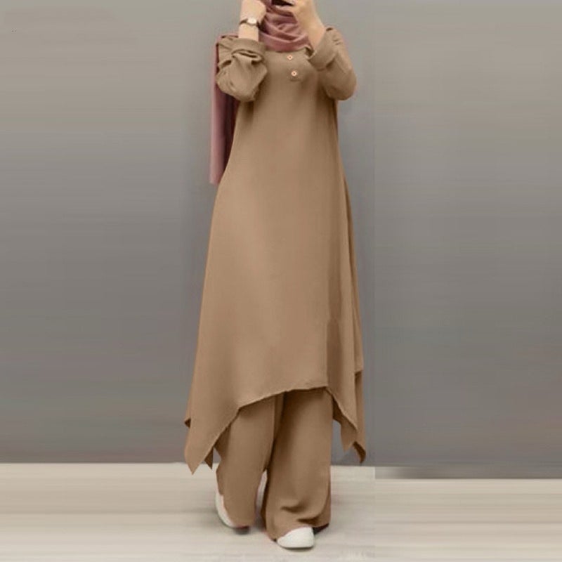 2024 Casual Solid Round Neck Muslim Set earth brown  - Image 3