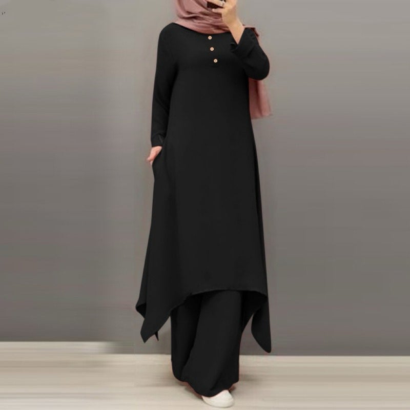 2024 Casual Solid Round Neck Muslim Set earth brown  - Image 4