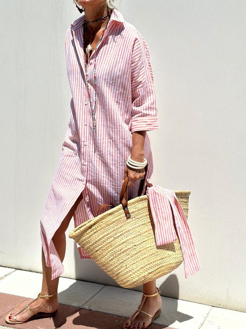 utcoco Womens 2026 Shirt Dress Casual Lapel 3/4 Sleeve Button Down Split Belted Vacation Maxi Dress (X-Large, Pink Striped) - Image 2
