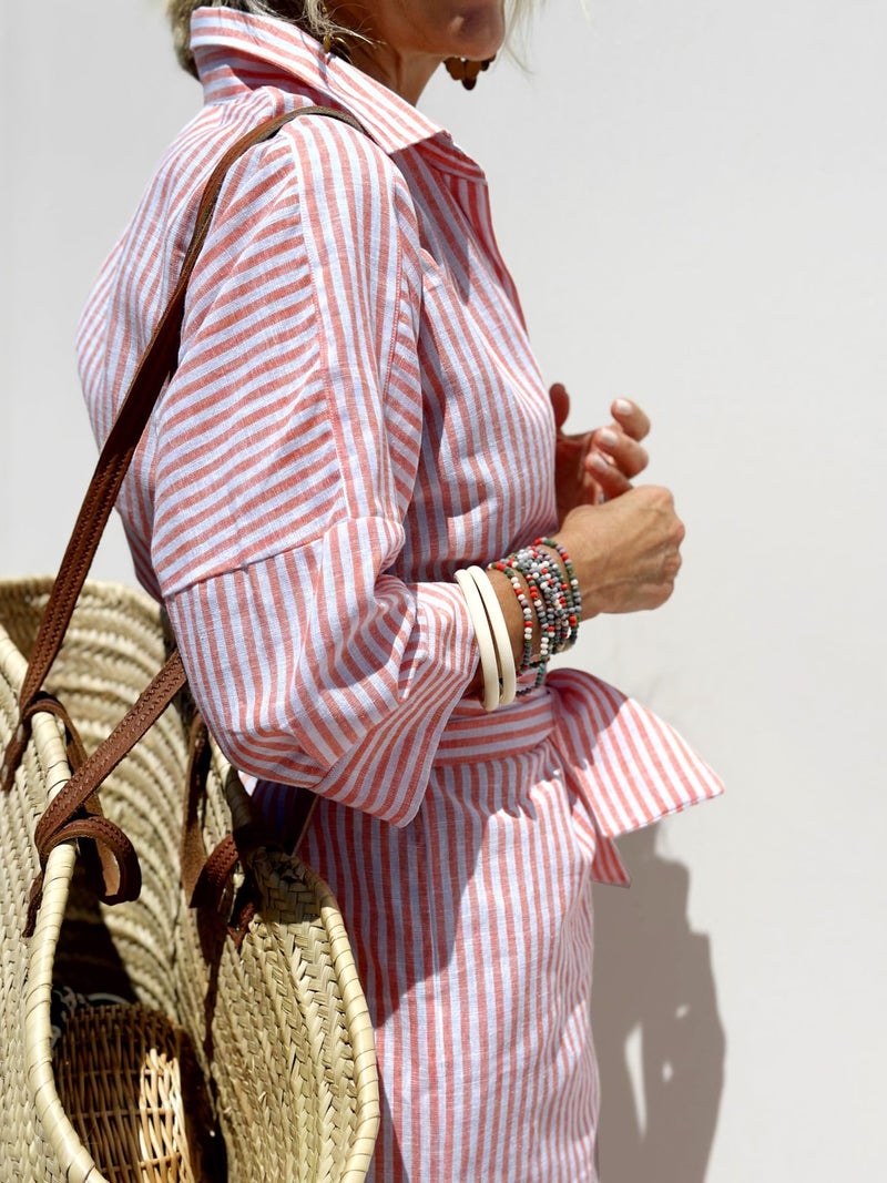 utcoco Womens 2026 Shirt Dress Casual Lapel 3/4 Sleeve Button Down Split Belted Vacation Maxi Dress (X-Large, Pink Striped) - Image 3