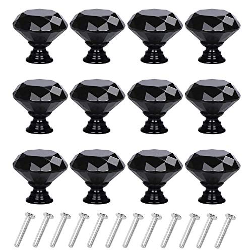 YourGift 12 Pack Drawer Knobs Diamond Shaped Crystal Glass 30mm Cabinet Knobs Pull Handles (30 mm, 12 Pack, All Black) - Image 1