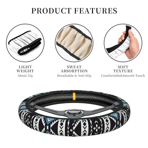 THOEWONG Ethnic Aztec Geometric Tribal Native Car Steering Wheel Cover Universal 15 Inch Stretch Cloth Non-Slip Wrap Protector Case Fit Auto Accessories Decor Sweat Absorption for Men Women - Image 3