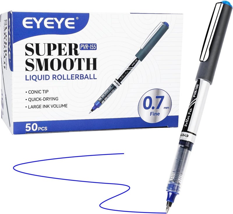 آي آي أقلام حبر سائل EYEYE، رأس دقيق 0.7 ملم، 50 قلماً أزرق، تجف سريعاً، كتابة سلسة للتدوين اليومي وتدوين الملاحظات ومستلزمات المكتب والمدرسة. - Image 2