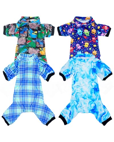 PET SHOW 4 Pack Small Dog Pajamas Cute Dinosaur Monster Clothes for Medium Dogs Soft Stretchy PJs Plaid Jumpsuit Puppy Cats Tie Dye Onesies Outfits with Sleeve Pets Dachshund CostumeM Blue for Boys - Image 1