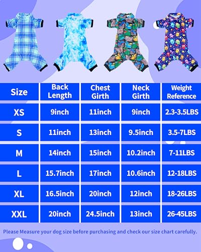 PET SHOW 4 Pack Small Dog Pajamas Cute Dinosaur Monster Clothes for Medium Dogs Soft Stretchy PJs Plaid Jumpsuit Puppy Cats Tie Dye Onesies Outfits with Sleeve Pets Dachshund CostumeM Blue for Boys - Image 3