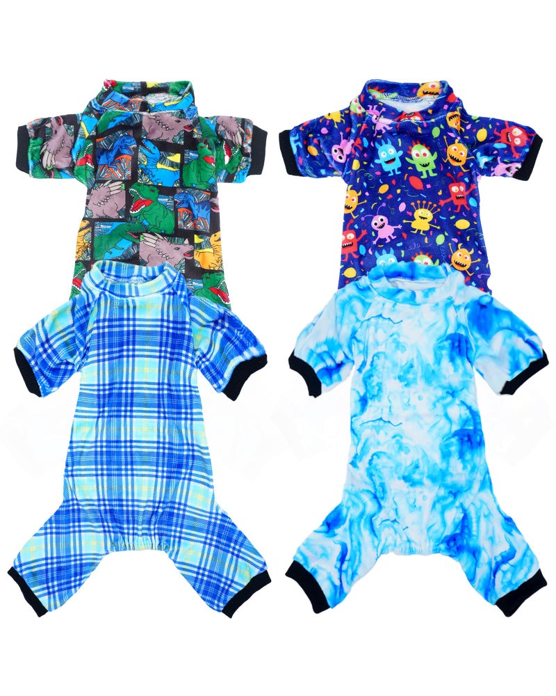 PET SHOW 4 Pack Small Dog Pajamas Cute Dinosaur Monster Clothes for Medium Dogs Soft Stretchy PJs Plaid Jumpsuit Puppy Cats Tie Dye Onesies Outfits with Sleeve Pets Dachshund CostumeM Blue for Boys - Image 2