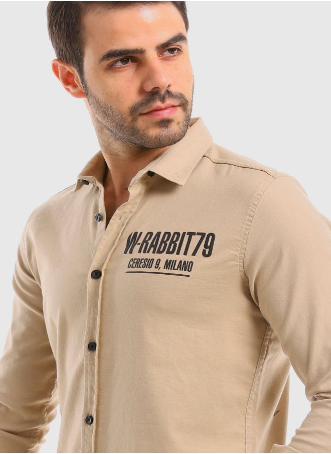 WHITE RABBIT - Cuff Long Sleeves Printed Dark Beige Shirt - Image 1