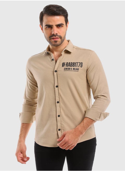 Cuff Long Sleeves Printed Dark Beige Shirt