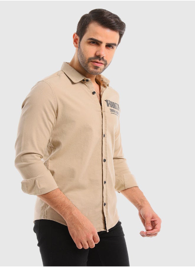 WHITE RABBIT - Cuff Long Sleeves Printed Dark Beige Shirt - Image 1