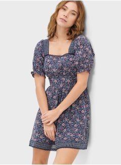 Square Neck Puff Sleeve Flared Dress