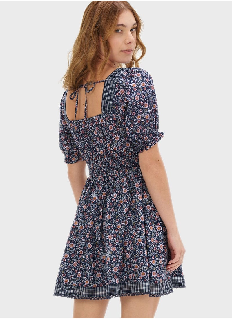 American Eagle - Square Neck Puff Sleeve Flared Dress - Image 1