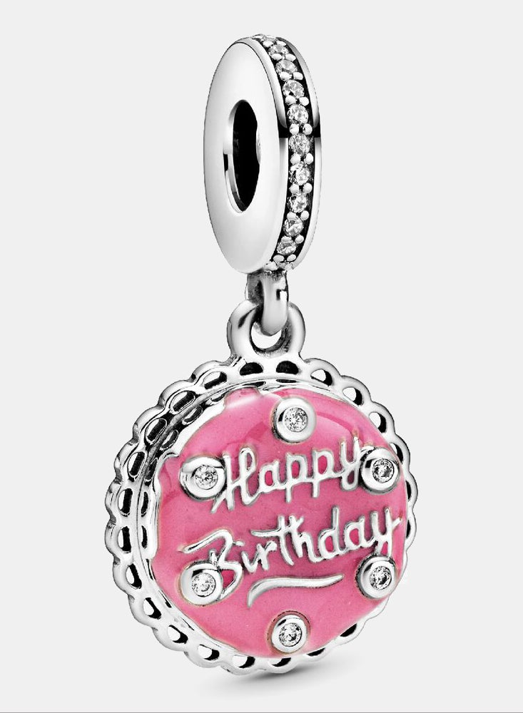 Birthday Cake Sterling Silver Dangle with Clear Cubic Zirconia And Pink Enamel