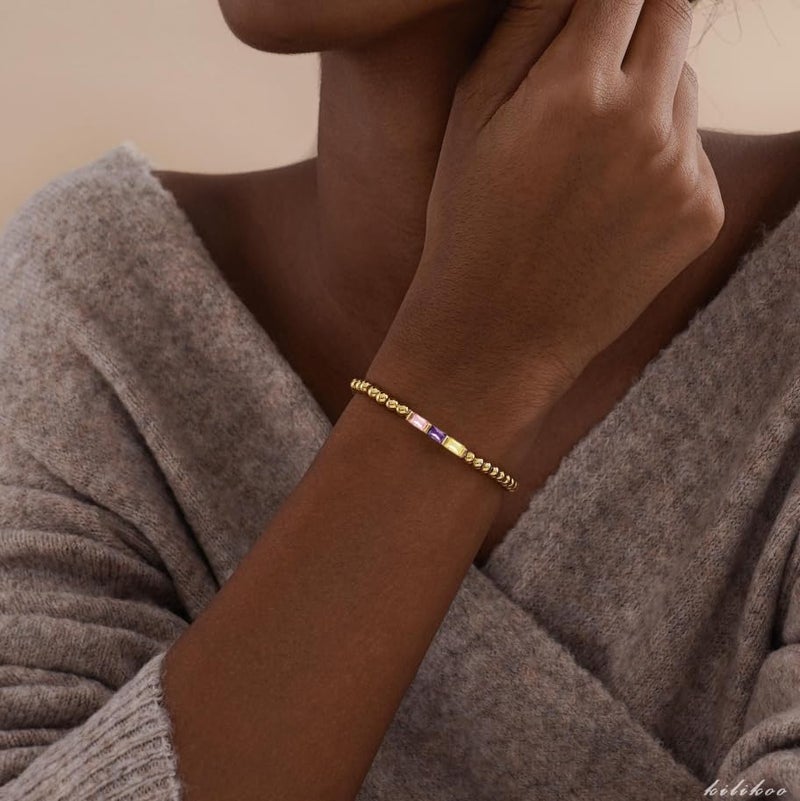 Fohufo Small Birthday Gifts for Women - 14K Gold Plated Beaded Bracelet, Birthstone Bracelets for Women, Valentines Day Birthday Gifts for Woman - Image 2