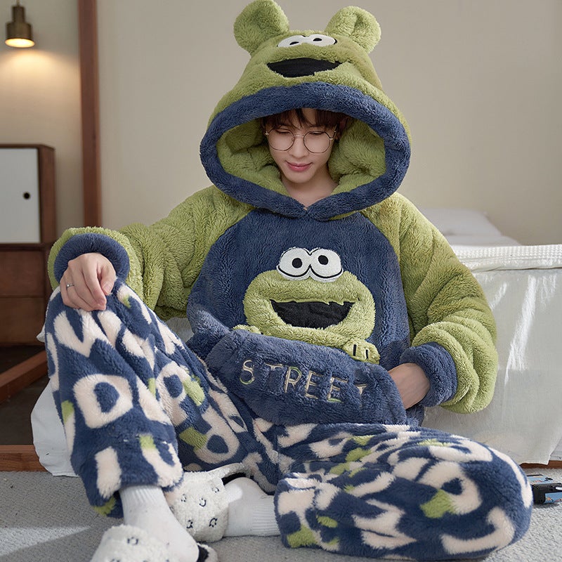 Winter Coral Fleece Pajamas Men'S Fleece-Lined Thickened Warm Cartoon Hooded Flannel Teenager Home Clothes Suit - Image 4