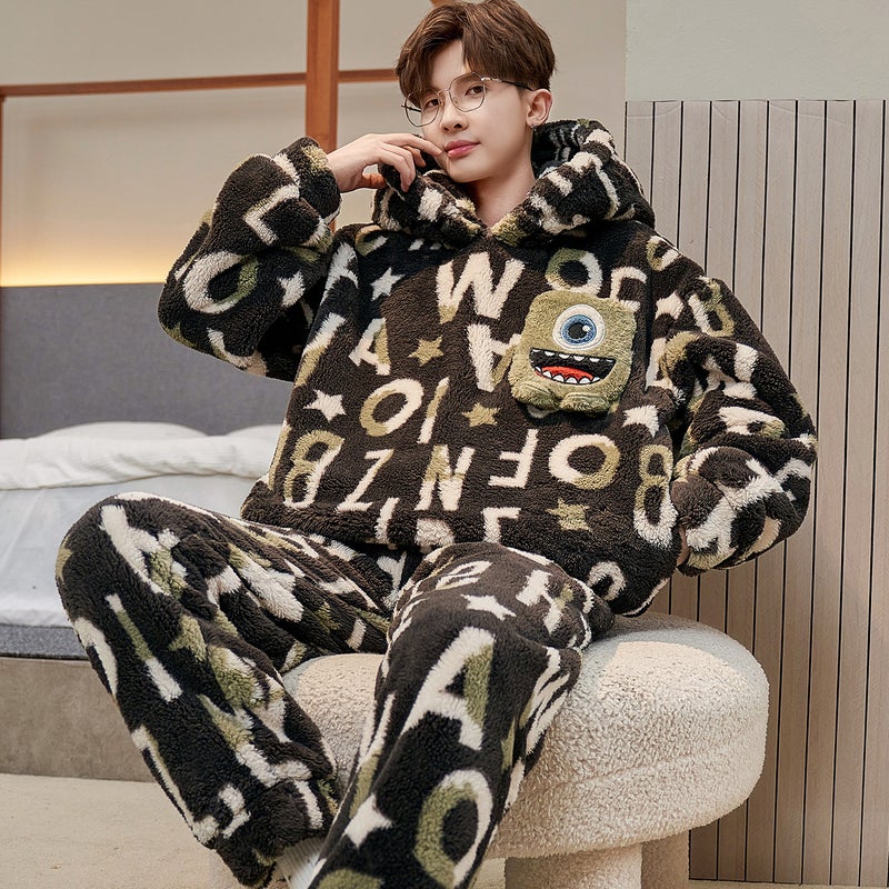 Winter Coral Fleece Pajamas Men'S Fleece-Lined Thickened Warm Cartoon Hooded Flannel Teenager Home Clothes Suit - Image 1