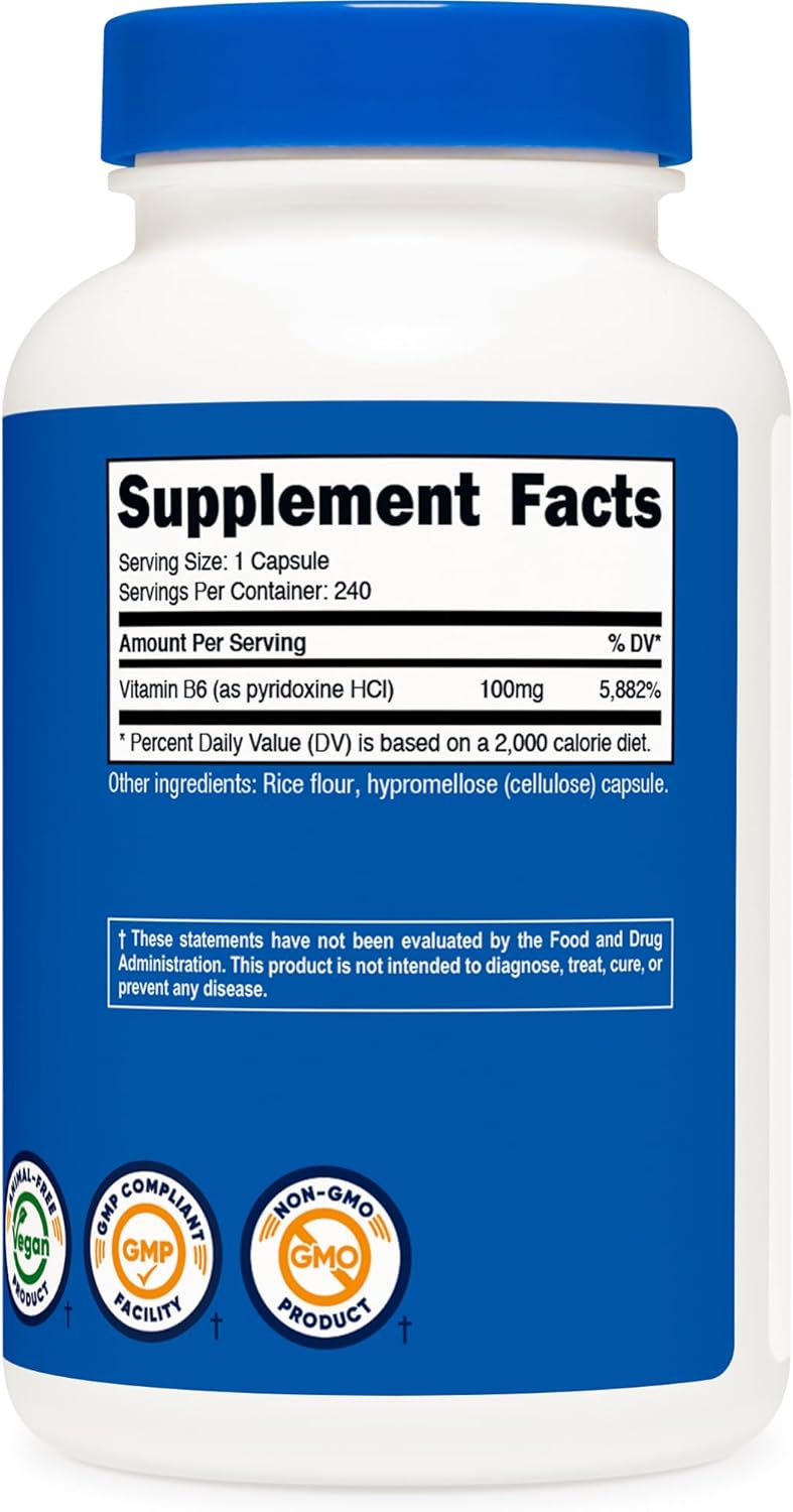 Nutricost Vitamin B6 Pyridoxine HCl 100mg 240 Capsules - Image 5