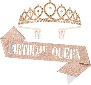 CAVETEE Birthday Crown and Sash for Women Birthday Queen Sash & Rhinestone Tiara Set Birthday Tiaras and Sashes for - Image 1