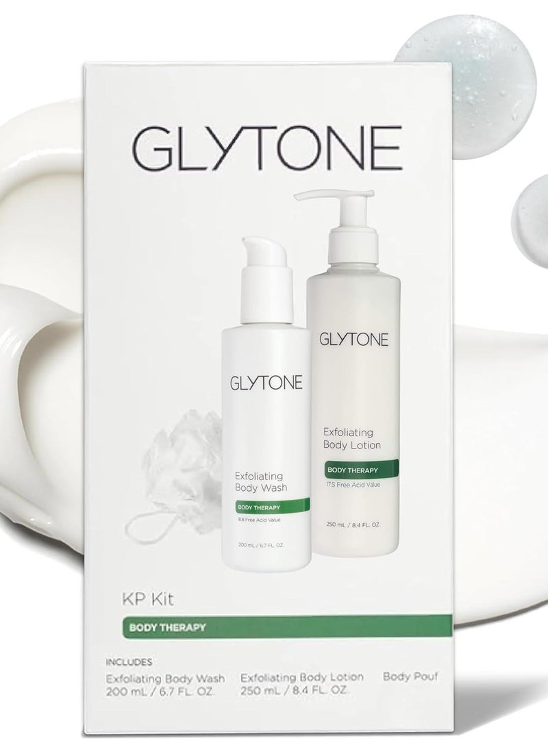 Glytone KP Kit – Exfoliating Body Wash, Glycolic Acid Lotion & Shower Pouf for Keratosis Pilaris – Smooth Rough Bumpy Skin, Fragrance-Free Skincare Routine for Dry Skin & Chicken Skin – Routine Kit