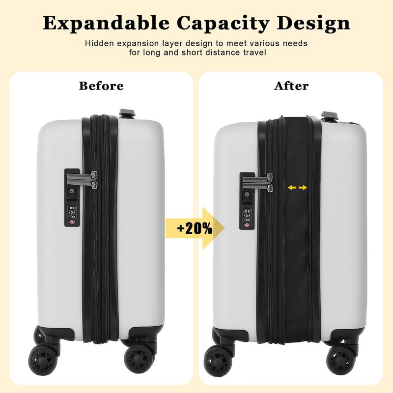 CENSIEN 16 Inch Underseat Carry On Luggage Airline Approved, Expandable Lightweight ABS+PC Hard Shell Suitcases with 360Â° Spinner Wheels, TSA Lock, YKK Zipper, for Business Weekender (White, 1 PC) - Image 2