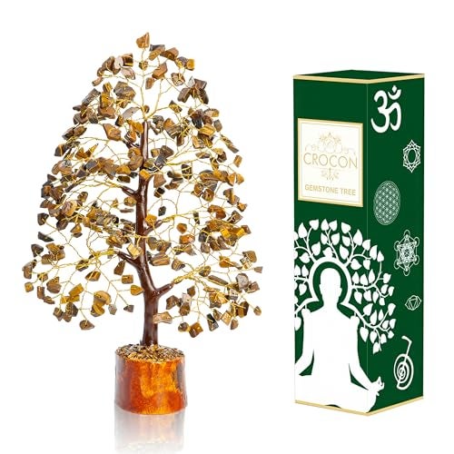 Crocon Tiger Eye Gemstone Tree Feng Shui Figurine Money Bonsai Good Luck Chakra Balancing Reiki Healing Crystals Decoration Ornament Sculpture Prosperity Table Decor Gift Size 10-12" - Image 1