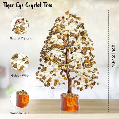 Crocon Tiger Eye Gemstone Tree Feng Shui Figurine Money Bonsai Good Luck Chakra Balancing Reiki Healing Crystals Decoration Ornament Sculpture Prosperity Table Decor Gift Size 10-12" - Image 2