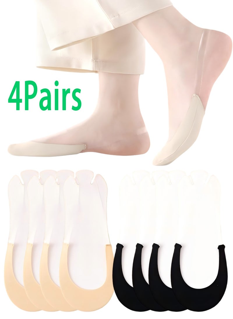 4 Pairs Women No Show Half Toe Socks, Invisible Sling Back Low Cut Toe Socks with Non-Slip Straps, Comfortable Foot Topper Socks for Wearing with Heels (Black+Beige) - Image 1