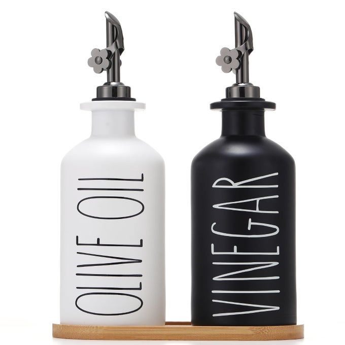 PREMIUM OLIVE OIL DISPENSER FOR KITCHEN 118OZ GLASS OIL BOTTLES WITH BAMBOO TRAY OILVINEGAR CRUET SET KITCHEN DISPENSER BOTTLES WITH POURER SET OF 2 118OZ PBLACKWHITE