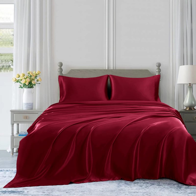 Homiest 4pcs Satin Sheets Set Luxury Silky Satin Bedding Set with Deep Pocket  1 Fitted Sheet + 1 Flat Sheet + 2 Pillowcases (Full Size  Burgundy) - Image 3