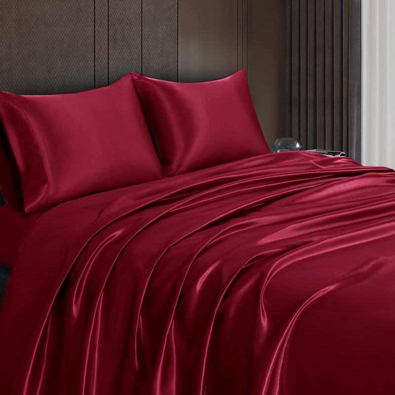Homiest 4pcs Satin Sheets Set Luxury Silky Satin Bedding Set with Deep Pocket  1 Fitted Sheet + 1 Flat Sheet + 2 Pillowcases (Full Size  Burgundy) - Image 4