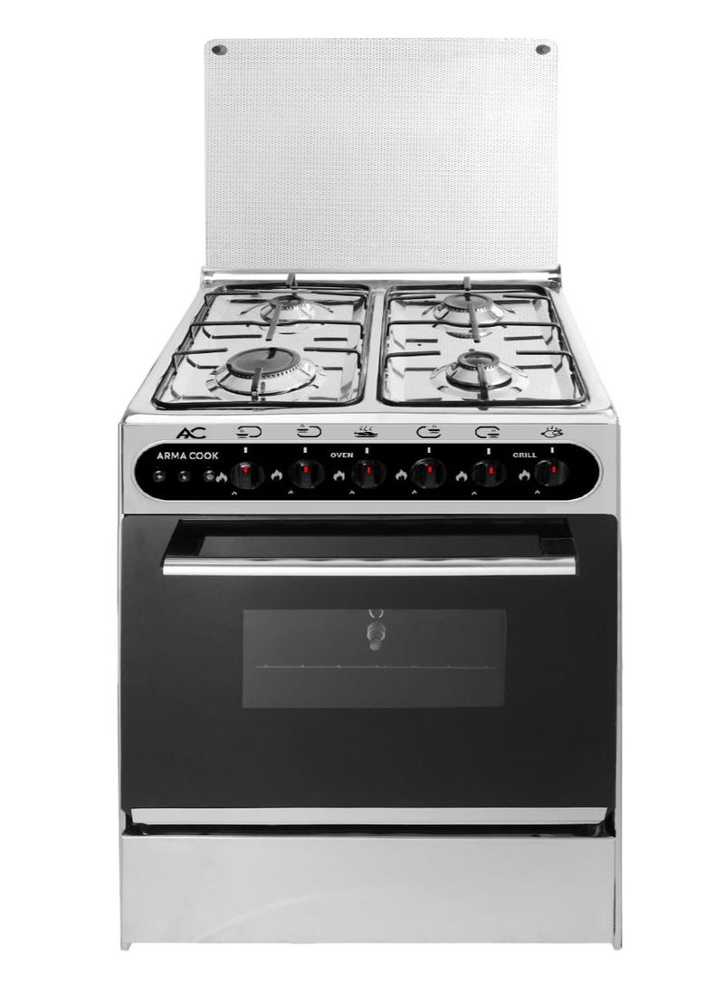 Stainless Steel Gas Cooker 4 Burners with Oven and Grill, 55x55 cm, Glass Cover, Self Ignition, Modern Design, Armacook - Image 1