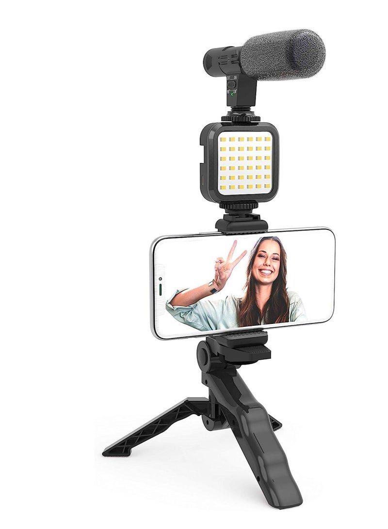 ELTRAZONE Vlogging"Like Me" LED Video Light + Microphone + Mobile Phone Holder + Hand Grip/Mini Tripod Compatible with Smartphones for TikTok, Youtube, Live Streaming and Meetings  - Image 1