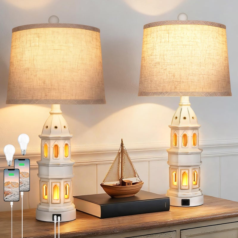 PARTPHONER Coastal Table Lamps Set of 2, Beach Lamps for Living Room with USB A+C, Nautical Lighthouse Lamps, Modern Bedside Nightstand for Bedroom, End Table and Reading - Image 1