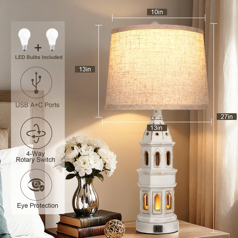 PARTPHONER Coastal Table Lamps Set of 2, Beach Lamps for Living Room with USB A+C, Nautical Lighthouse Lamps, Modern Bedside Nightstand for Bedroom, End Table and Reading - Image 2