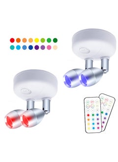 Excefore 2 Pack Dual Head Battery Operated Spotlights with Remote 13 Color Dimmable and Brightness Accent Lights Indoor Wireless RGB LED Spot Light with 360 Degrees Rotatable Head Stick on Wall Hallway White  - Image 1