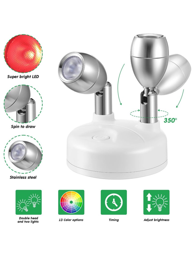 Excefore 2 Pack Dual Head Battery Operated Spotlights with Remote 13 Color Dimmable and Brightness Accent Lights Indoor Wireless RGB LED Spot Light with 360 Degrees Rotatable Head Stick on Wall Hallway White  - Image 2