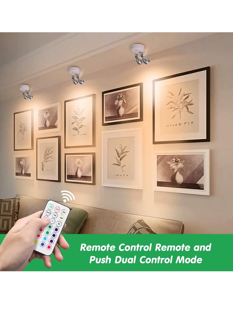 Excefore 2 Pack Dual Head Battery Operated Spotlights with Remote 13 Color Dimmable and Brightness Accent Lights Indoor Wireless RGB LED Spot Light with 360 Degrees Rotatable Head Stick on Wall Hallway White  - Image 3