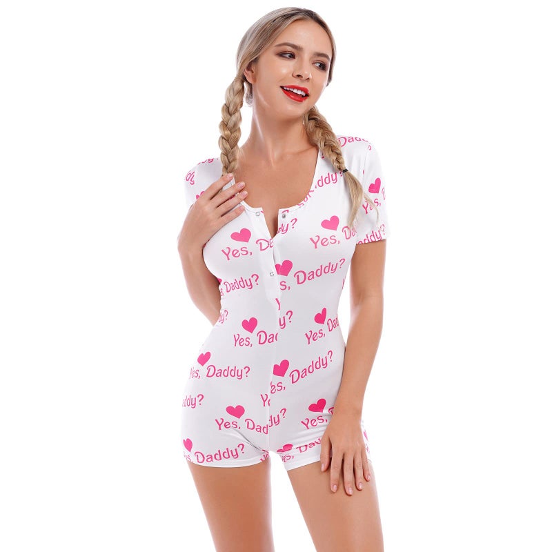 ABAFIP Women's Button V Neck Short Sleeve One Piece Shorts Romper Pajama Bodysuit Cute Print Bodycon Overall Jumpsuit Pjs White Letters Small - Image 4