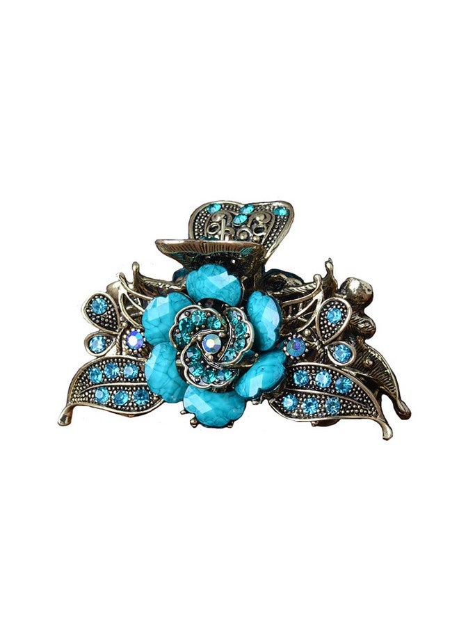 Fodattm Women Lady Retro Rose Flower Imitation Turquoise Hair Claw Clip Vintage Alloy Rhinestone Nonslip Hair Jaw Clips Hairpin Hair Clamp (Blue) - Image 1