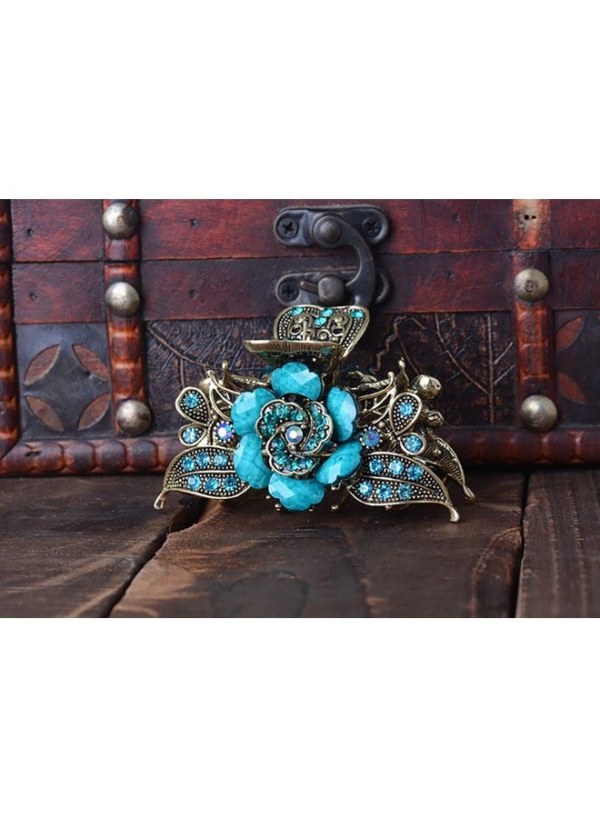 Fodattm Women Lady Retro Rose Flower Imitation Turquoise Hair Claw Clip Vintage Alloy Rhinestone Nonslip Hair Jaw Clips Hairpin Hair Clamp (Blue) - Image 4