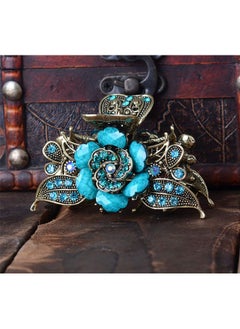 Fodattm Women Lady Retro Rose Flower Imitation Turquoise Hair Claw Clip Vintage Alloy Rhinestone Nonslip Hair Jaw Clips Hairpin Hair Clamp (Blue)  - Image 3