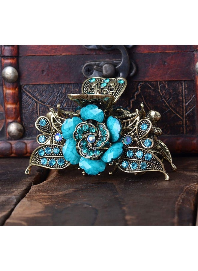 Fodattm Women Lady Retro Rose Flower Imitation Turquoise Hair Claw Clip Vintage Alloy Rhinestone Nonslip Hair Jaw Clips Hairpin Hair Clamp (Blue) - Image 3