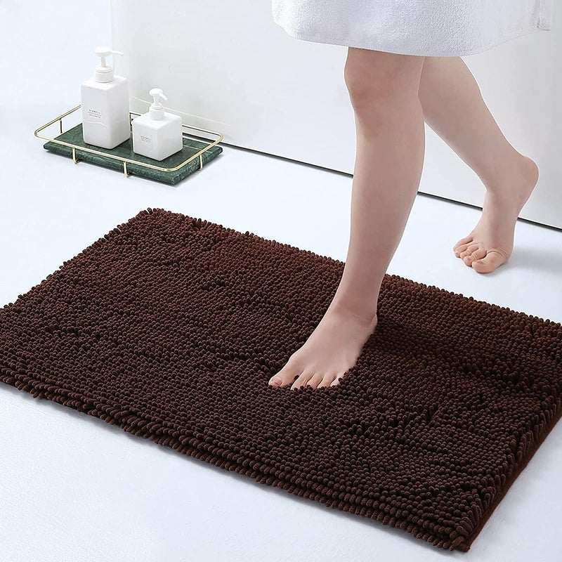 WENGTY Luxury Chenille Bath Rug Extra Soft and Absorbent Shaggy Bathroom Mat Rugs Machine Washable NonSlip Plush Carpet Runner for Tub Shower and Bath Room60x40 Brown