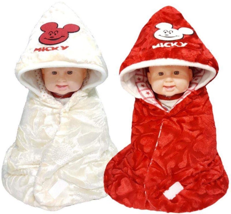 BRANDONN Flannel 68x68 cm Blanket Cum Sleeping Bag, Red, Cream, Pack of 2 - Image 1